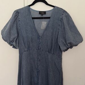 Flying Tomato Button down back tie Denim Puff Sleeve Dress - L
